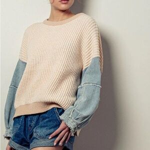 Urban Daizy Denim Sleeve Two Tone Knit Sweater IVORY